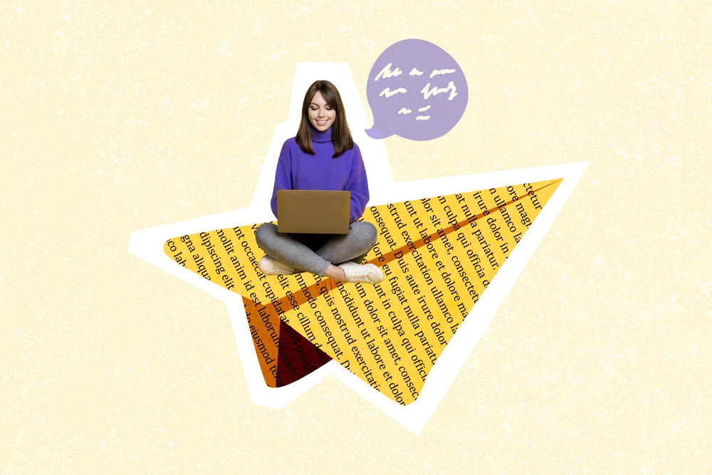 A woman perched on a giant paper airplane, using a laptop, representing a blend of technology and imagination.