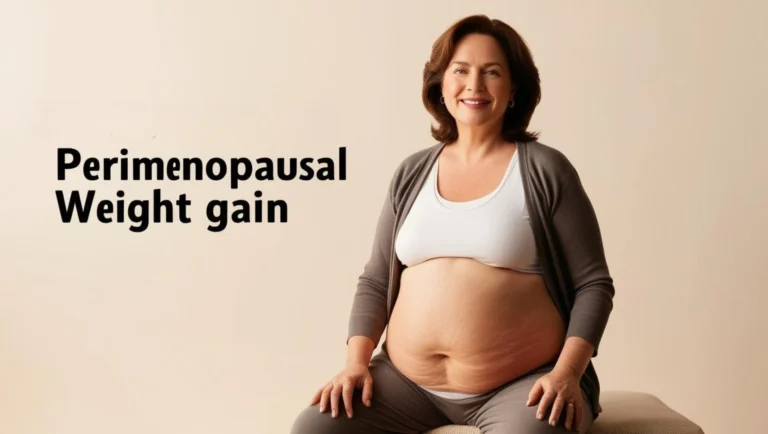 Pregnant woman sitting on a stool, with text overlay reading "perimenopause weight gain.