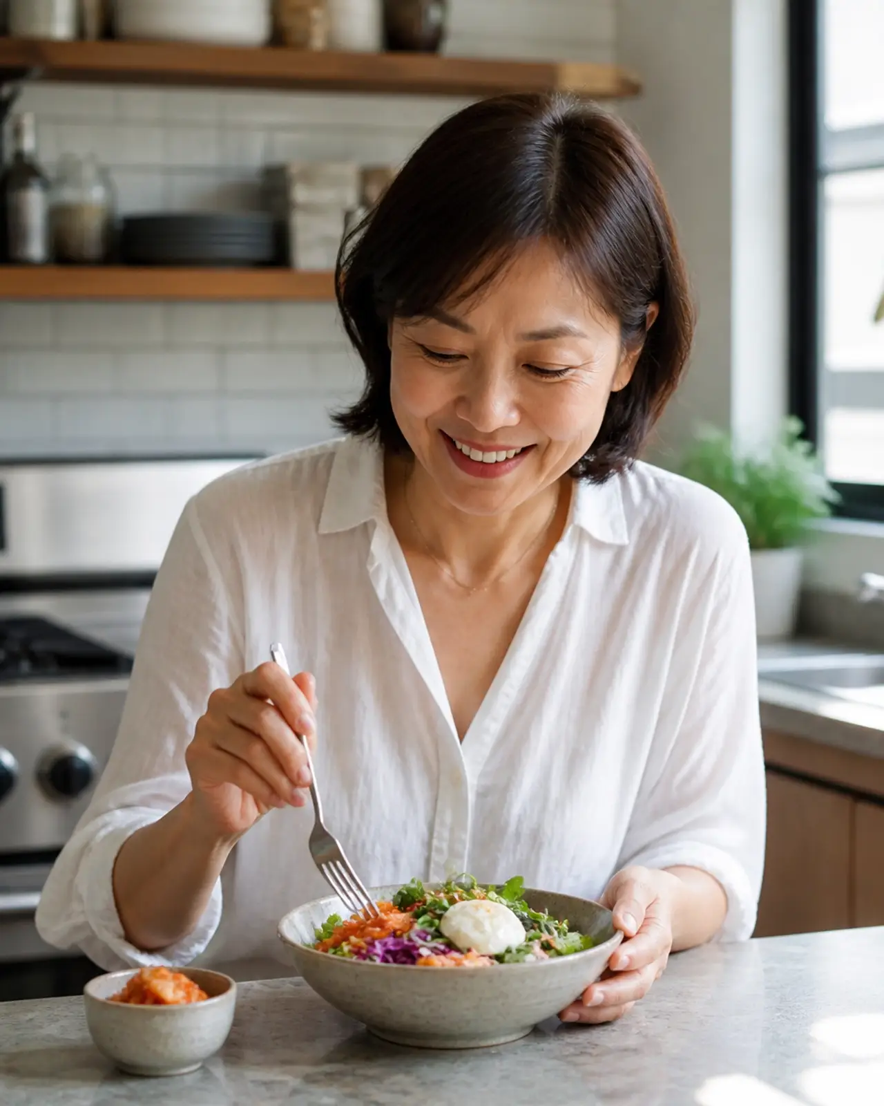 Woman in her early 50s candidly enjoying a healthy meal with fermented foods